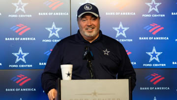 Jun 5, 2024; Frisco, TX, USA;  Dallas Cowboys head coach Mike McCarthy addresses the media before practice at the Ford Center at the Star Training Facility in Frisco, Texas. Mandatory Credit: Chris Jones-USA TODAY Sports