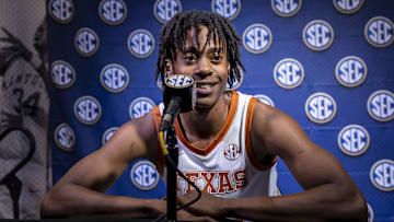 Oct 15, 2024; Birmingham, AL, USA; Texas Longhorns guard Tre Johnson talks with the media during SEC Media Days at Grand Bohemian Hotel. Mandatory Credit: Vasha Hunt-Imagn Images