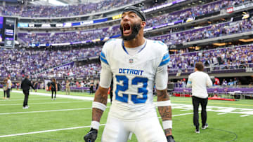 Oct 20, 2024; Minneapolis, Minnesota, USA; Detroit Lions cornerback Carlton Davis III (23) celebrates his teams win after the game against the Minnesota Vikings at U.S. Bank Stadium.