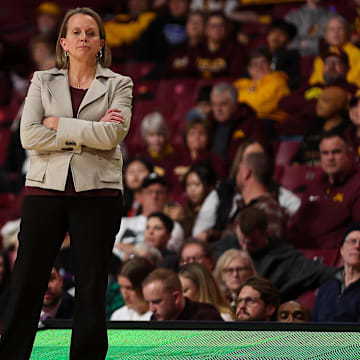 Minnesota head coach Dawn Plitzuweit looks on during the second half against Ohio State at Williams Arena in Minneapolis on Feb. 8, 2024. 