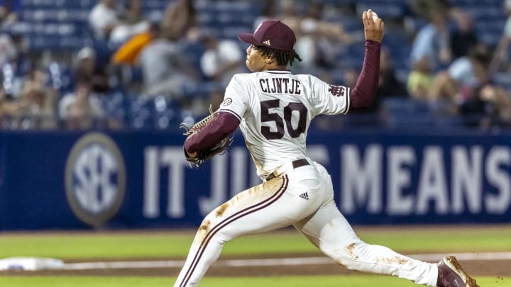 May 23, 2024; Hoover, AL, USA; Mississippi State Bulldogs pitcher Jurrangelo Cijntje (50) pitches against the Vanderbilt Commodores during the SEC Baseball Tournament at Hoover Metropolitan Stadium. Mandatory Credit: Vasha Hunt-USA TODAY Sports