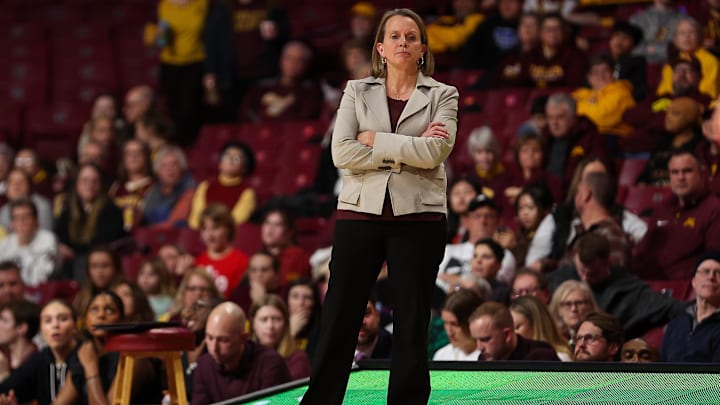 Minnesota head coach Dawn Plitzuweit looks on during the second half against Ohio State at Williams Arena in Minneapolis on Feb. 8, 2024. 