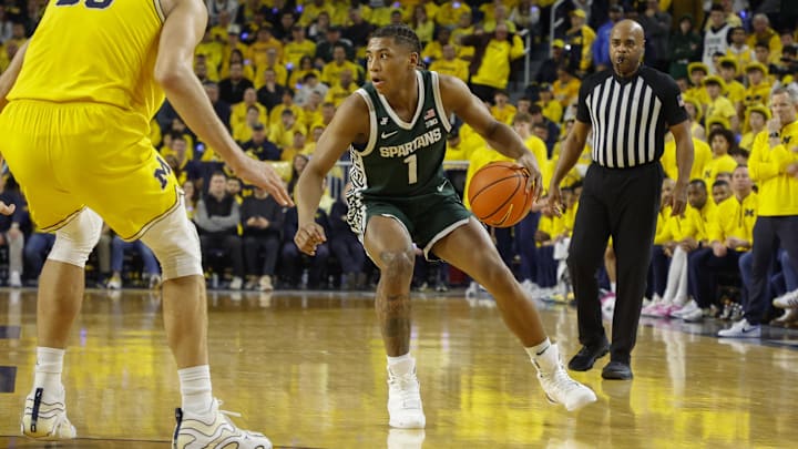 Feb 21, 2025; Ann Arbor, Michigan, USA; Michigan State Spartans guard Jeremy Fears Jr. (1) handles the ball during the second half against the Michigan Wolverines at Crisler Center. Mandatory Credit: Brian Bradshaw Sevald-Imagn Images
