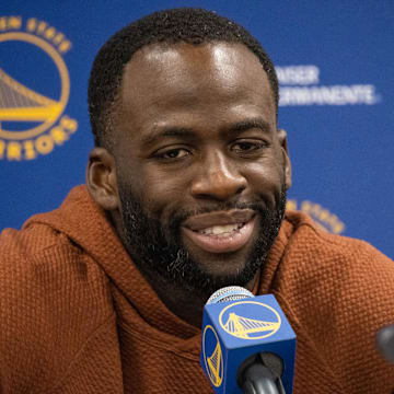 Dec 13, 2021; Indianapolis, Indiana, USA; Golden State Warriors forward Draymond Green (23) talks to media after the game against the Indiana Pacers at Gainbridge Fieldhouse. Mandatory Credit: Trevor Ruszkowski-Imagn Images