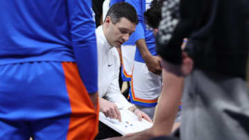 Feb 6, 2024; Salt Lake City, Utah, USA; Oklahoma City Thunder head coach Mark Daigneault draws up a play during a third quarter time out against the Utah Jazz at Delta Center. Mandatory Credit: Rob Gray-Imagn Images