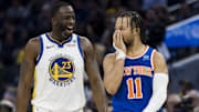 Mar 18, 2024; San Francisco, California, USA; Golden State Warriors center Draymond Green (23) and New York Knicks guard Jalen Brunson (11) share a laugh during the first half at Chase Center. Mandatory Credit: John Hefti-Imagn Images