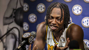 Oct 15, 2024; Birmingham, AL, USA; Missouri Tigers guard Mark Mitchell talks with the media during SEC Media Days at Grand Bohemian Hotel. Mandatory Credit: Vasha Hunt-Imagn Images