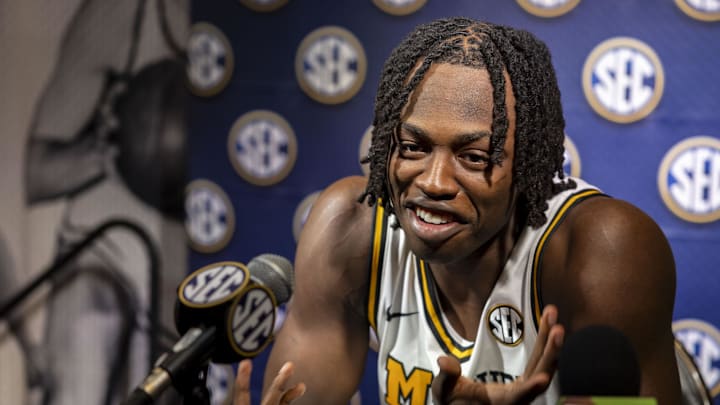 Oct 15, 2024; Birmingham, AL, USA; Missouri Tigers guard Mark Mitchell talks with the media during SEC Media Days at Grand Bohemian Hotel. Mandatory Credit: Vasha Hunt-Imagn Images