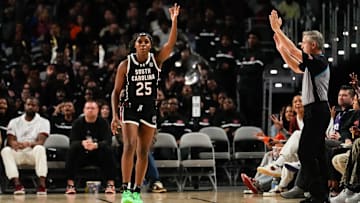 Dec 8, 2024; Fort Worth, Texas, USA;  South Carolina Gamecocks guard Raven Johnson (25) reacts after scoring a three point basket against the TCU Horned Frogs during the second half at Dickies Arena. Mandatory Credit: Chris Jones-Imagn Images