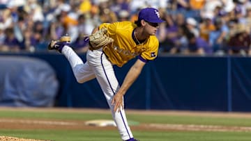 May 26, 2024; Hoover, AL, USA; LSU Tigers pitcher Kade Anderson (32) pitches against the Tennessee Volunteers during the championship game between Tennessee and LSU at the SEC Baseball Tournament at Hoover Metropolitan Stadium. Mandatory Credit: Vasha Hunt-Imagn Images