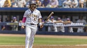 May 25, 2024; Hoover, AL, USA; LSU Tigers infielder Tommy White (47) reacts after a big swing against the South Carolina Gamecocks during the SEC Baseball Tournament at Hoover Metropolitan Stadium. Mandatory Credit: Vasha Hunt-Imagn Images