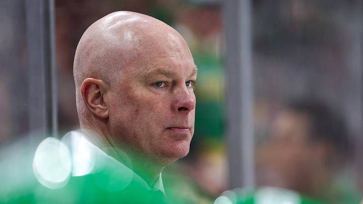 Mar 30, 2024; Saint Paul, Minnesota, USA; Minnesota Wild head coach John Hynes looks on during the second period against the Vegas Golden Knights at Xcel Energy Center. Mandatory Credit: Matt Krohn-Imagn Images