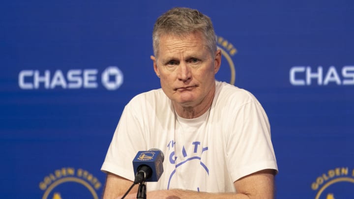 Mar 22, 2024; San Francisco, California, USA; Golden State Warriors head coach Steve Kerr talks with the media before the game against the Indiana Pacers at Chase Center. 