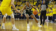 Feb 21, 2025; Ann Arbor, Michigan, USA; Michigan State Spartans guard Jeremy Fears Jr. (1) handles the ball during the second half against the Michigan Wolverines at Crisler Center. Mandatory Credit: Brian Bradshaw Sevald-Imagn Images