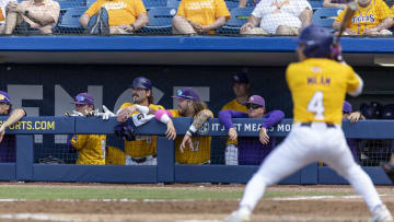 May 26, 2024; Hoover, AL, USA; LSU Tigers players track the game during the championship game between Tennessee and LSU at the SEC Baseball Tournament at Hoover Metropolitan Stadium. Mandatory Credit: Vasha Hunt-USA TODAY Sports