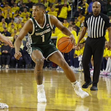Feb 21, 2025; Ann Arbor, Michigan, USA; Michigan State Spartans guard Jeremy Fears Jr. (1) handles the ball during the second half against the Michigan Wolverines at Crisler Center. Mandatory Credit: Brian Bradshaw Sevald-Imagn Images