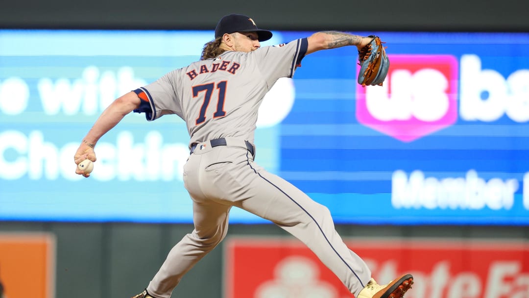 Jul 5, 2024; Minneapolis, Minnesota, USA; Houston Astros pitcher Josh Hader (71) pitches against the Minnesota Twins during the ninth inning at Target Field.