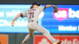 Jul 5, 2024; Minneapolis, Minnesota, USA; Houston Astros pitcher Josh Hader (71) pitches against the Minnesota Twins during the ninth inning at Target Field.