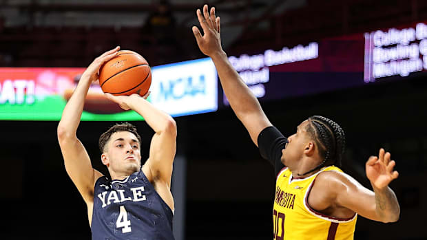 Yale Bulldogs guard John Poulakidas shoots against the Minnesota Golden Gophers
