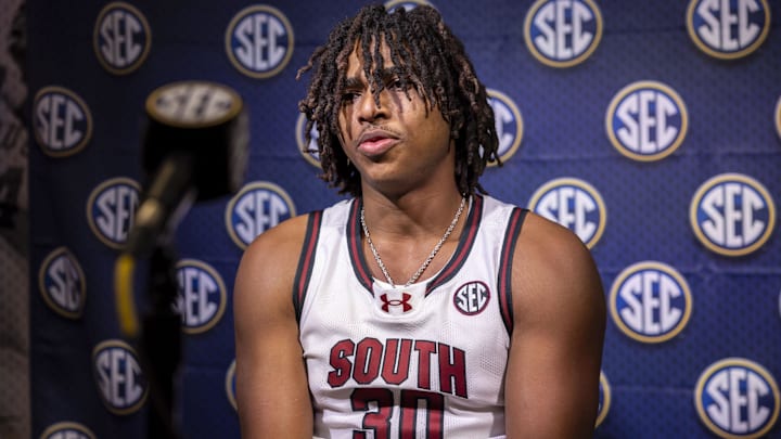 Oct 15, 2024; Birmingham, AL, USA;  South Carolina Gamecocks forward Collin Murray-Boyles talks with the media during SEC Media Days at Grand Bohemian Hotel. Mandatory Credit: Vasha Hunt-Imagn Images
