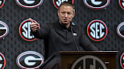 Oct 15, 2024; Birmingham, AL, USA; Georgia Bulldogs head coach Mike White talks with the media during SEC Media Days at Grand Bohemian Hotel. Mandatory Credit: Vasha Hunt-Imagn Images