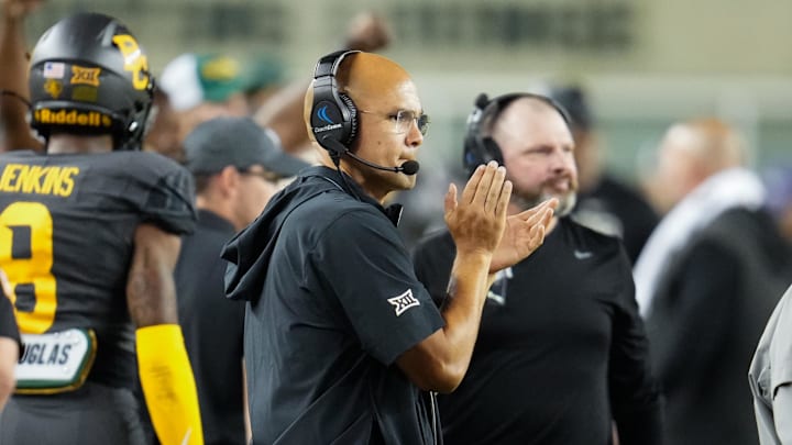 Nov 2, 2024; Waco, Texas, USA;  Baylor Bears head coach Dave Aranda reacts against the TCU Horned Frogs during the second half at McLane Stadium. Mandatory Credit: Chris Jones-Imagn Images