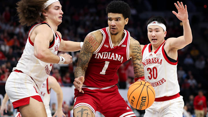 Indiana Hoosiers center Kel'el Ware (1) works around Nebraska Cornhuskers forward Josiah Allick (53) during the second half at Target Center. Indiana Hoosiers center Kel'el Ware (1) works around Nebraska Cornhuskers forward Josiah Allick (53) during the second half at Target Center.