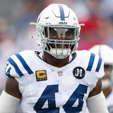 Sep 21, 2025; Nashville, Tennessee, USA;  Indianapolis Colts outside linebacker Zaire Franklin (44) sneaks a peak into the backfield against the Tennessee Titans during the first half at Nissan Stadium. Mandatory Credit: Steve Roberts-Imagn Images