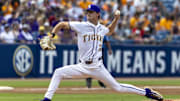May 25, 2024; Hoover, AL, USA; LSU Tigers pitcher Kade Anderson (32) pitches against the South Carolina Gamecocks during the SEC Baseball Tournament at Hoover Metropolitan Stadium. Mandatory Credit: Vasha Hunt-Imagn Images
