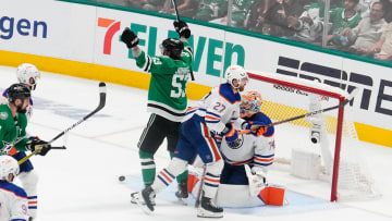 May 31, 2024; Dallas, Texas, USA; Dallas Stars center Wyatt Johnston (53) celebrates after scoring a goal against the Edmonton Oilers during the third period between the Dallas Stars and the Edmonton Oilers in game five of the Western Conference Final of the 2024 Stanley Cup Playoffs at American Airlines Center. Mandatory Credit: Chris Jones-USA TODAY Sports