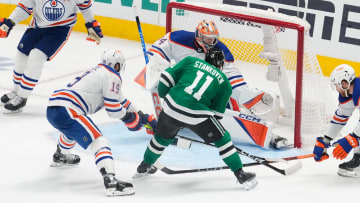 May 31, 2024; Dallas, Texas, USA; Dallas Stars center Logan Stankoven (11) shoots the puck against the Edmonton Oilers during the third period between the Dallas Stars and the Edmonton Oilers in game five of the Western Conference Final of the 2024 Stanley Cup Playoffs at American Airlines Center. Mandatory Credit: Chris Jones-USA TODAY Sports