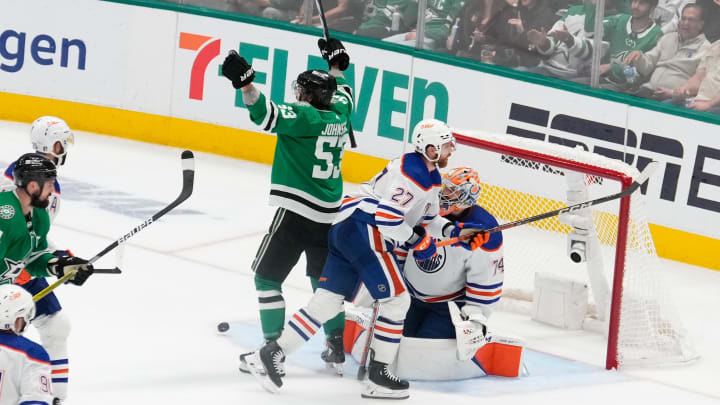 May 31, 2024; Dallas, Texas, USA; Dallas Stars center Wyatt Johnston (53) celebrates after scoring a goal against the Edmonton Oilers during the third period between the Dallas Stars and the Edmonton Oilers in game five of the Western Conference Final of the 2024 Stanley Cup Playoffs at American Airlines Center. Mandatory Credit: Chris Jones-USA TODAY Sports