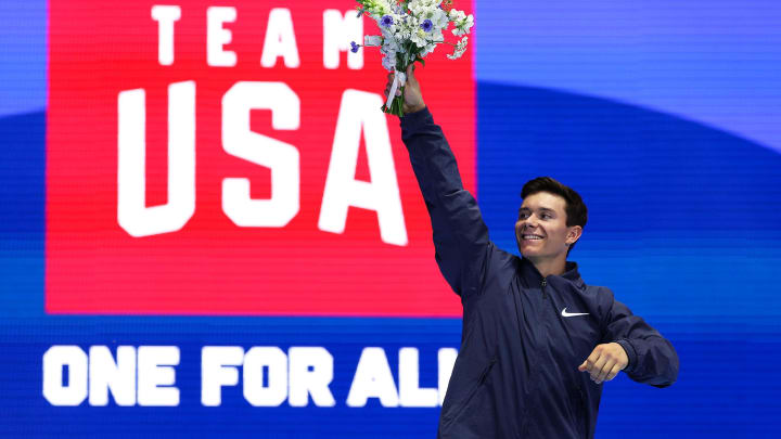 Jun 29, 2024; Minneapolis, Minnesota, USA; Brody Malone celebrates after being announced for the 2024 U.S. Olympic Men's Gymnastics Team during the U.S. Olympic Team Gymnastics Trials at Target Center. Mandatory Credit: Matt Krohn-USA TODAY Sports