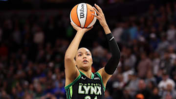 Oct 1, 2024; Minneapolis, Minnesota, USA; Minnesota Lynx forward Napheesa Collier (24) shoots against the Connecticut Sun during the first half of game two of the 2024 WNBA Semi-finals at Target Center. Mandatory Credit: Matt Krohn-Imagn Images