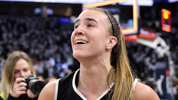 Oct 16, 2024; Minneapolis, Minnesota, USA; New York Liberty guard Sabrina Ionescu (20) celebrates her teams win after game three of the 2024 NBA Finals against the Minnesota Lynx at Target Center. Mandatory Credit: Matt Krohn-Imagn Images