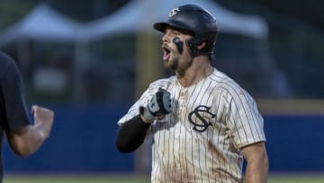 May 23, 2024; Hoover, AL, USA; South Carolina Gamecocks catcher Cole Messina (19) celebrates a two RBI single against the LSU Tigers during the SEC Baseball Tournament at Hoover Metropolitan Stadium. Mandatory Credit: Vasha Hunt-USA TODAY Sports