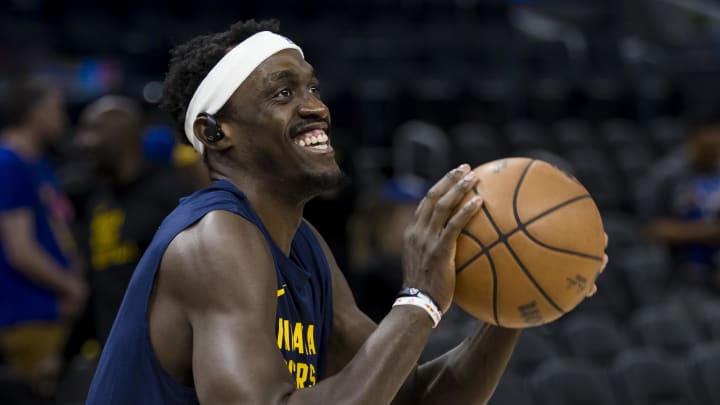 Mar 22, 2024; San Francisco, California, USA; Indiana Pacers forward Pascal Siakam (43) warms up before the game against the Golden State Warriors at Chase Center. Mandatory Credit: John Hefti-USA TODAY Sports