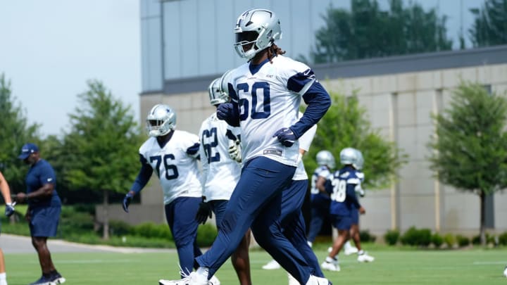 Jun 5, 2024; Frisco, TX, USA;  Dallas Cowboys tackle Tyler Guyton (60) goes through a drill during practice at the Ford Center at the Star Training Facility in Frisco, Texas. Mandatory Credit: Chris Jones-USA TODAY Sports