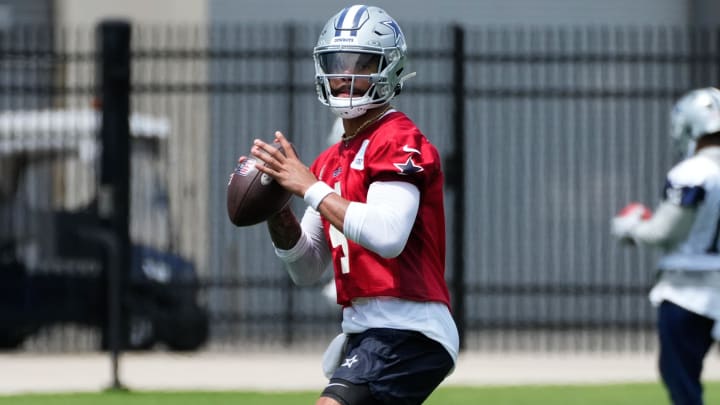 Jun 5, 2024; Frisco, TX, USA;  Dallas Cowboys quarterback Dak Prescott (4) goes through a drill during practice at the Ford Center at the Star Training Facility in Frisco, Texas. Mandatory Credit: Chris Jones-USA TODAY Sports