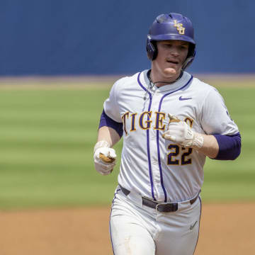 May 25, 2024; Hoover, AL, USA; LSU Tigers infielder Jared Jones (22) jogs the bases after a solo hom run against the South Carolina Gamecocks during the SEC Baseball Tournament at Hoover Metropolitan Stadium. Mandatory Credit: Vasha Hunt-USA TODAY Sports