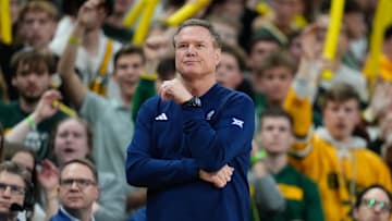 Feb 1, 2025; Waco, Texas, USA; Kansas Jayhawks head coach Bill Self reacts during the first half against the Baylor Bears at Paul and Alejandra Foster Pavilion. Mandatory Credit: Chris Jones-Imagn Images