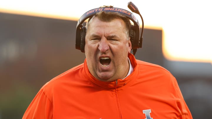 Nov 4, 2023; Minneapolis, Minnesota, USA; Illinois Fighting Illini head coach Bret Bielema reacts to a holding call during the second half against the Minnesota Golden Gophers at Huntington Bank Stadium. Mandatory Credit: Matt Krohn-USA TODAY Sports