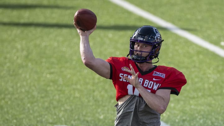 Jan 31, 2023; Mobile, AL, USA; American quarterback Max Duggan of TCU (15) practices during the