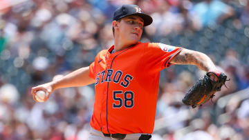 Jul 6, 2024; Minneapolis, Minnesota, USA; Houston Astros starting pitcher Hunter Brown (58) pitches against the Minnesota Twins during the first inning at Target Field. Mandatory Credit: Matt Krohn-USA TODAY Sports