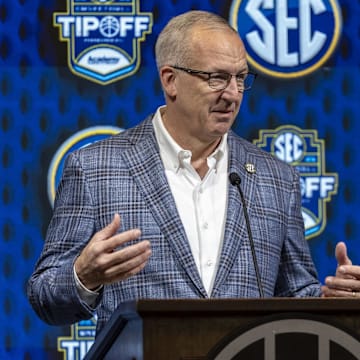 SEC commissioner Greg Sankey talks with the media during SEC Media Days at Grand Bohemian Hotel.
