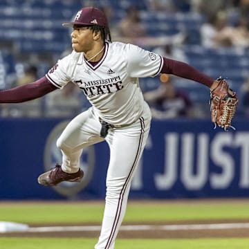 Mississippi State Bulldogs pitcher Jurrangelo Cijntje throws against the Vanderbilt Commodores on May 23 at Hoover Metropolitan Stadium.