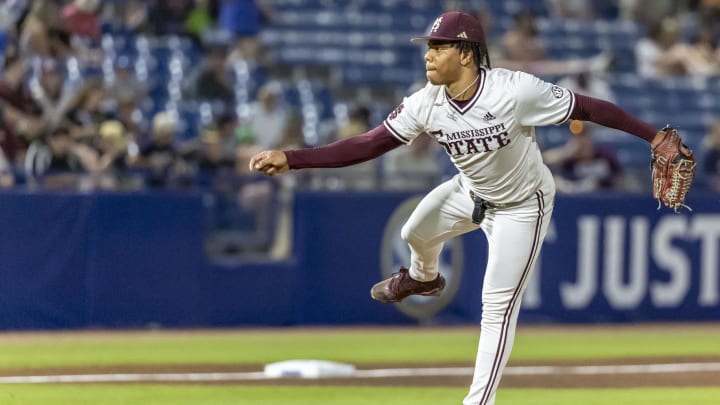 Mississippi State Bulldogs pitcher Jurrangelo Cijntje throws against the Vanderbilt Commodores on May 23 at Hoover Metropolitan Stadium.