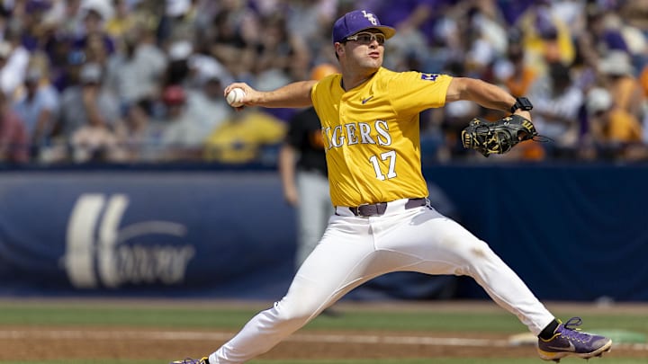 May 26, 2024; Hoover, AL, USA; LSU Tigers pitcher Samuel Dutton (17) pitches against the Tennessee Volunteers during the championship game between Tennessee and LSU at the SEC Baseball Tournament at Hoover Metropolitan Stadium. Mandatory Credit: Vasha Hunt-Imagn Images