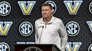 Oct 15, 2024; Birmingham, AL, USA; Vanderbilt Commodores head coach Mark Byington talks with the media during SEC Media Days at Grand Bohemian Hotel.