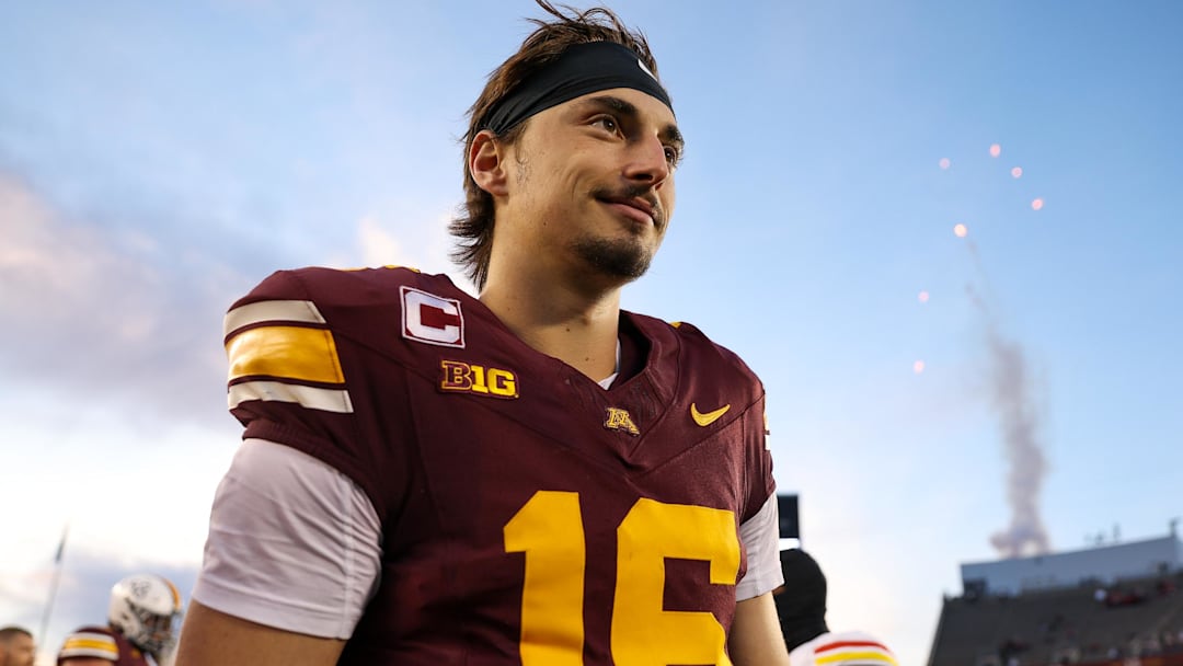 Oct 26, 2024; Minneapolis, Minnesota, USA; Minnesota Golden Gophers quarterback Max Brosmer (16) celebrates his teams win after the game against the Maryland Terrapins at Huntington Bank Stadium. Oct 26, 2024; Minneapolis, Minnesota, USA; Minnesota Golden Gophers quarterback Max Brosmer (16) celebrates his teams win after the game against the Maryland Terrapins at Huntington Bank Stadium.